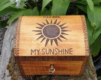 Personalised, music box playing you are my sunshine. Lockable, wooden treasure chest, anniversary, birthday, gift for child, mum or dad