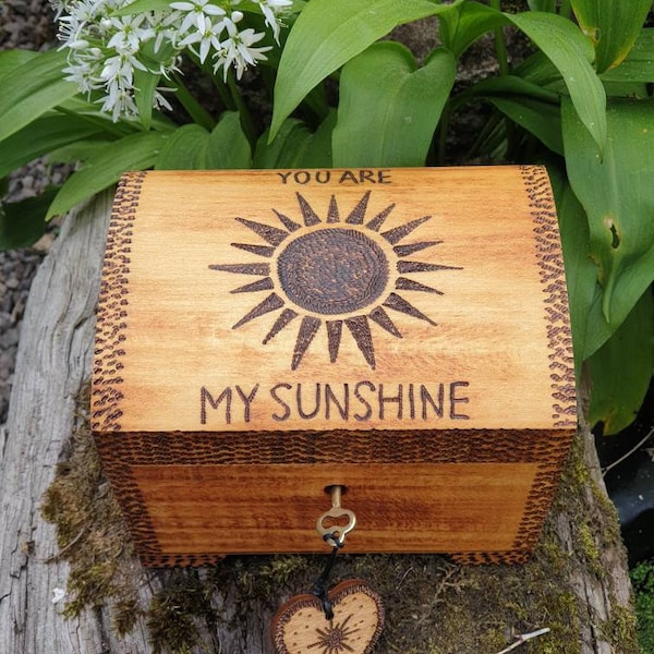 Personalised, music box playing you are my sunshine. Lockable, wooden treasure chest, anniversary, birthday, gift for child, mum or dad