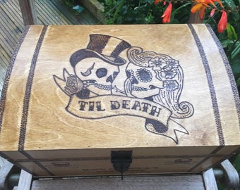 Personalised wedding card box, rockabilly wooden chest forever skulls, rockabilly sugar skulls,  til death, tattoo themed, bride and groom,