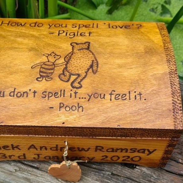 Winnie the Pooh and Piglet, wooden keepsake box with optional lock and optional storage compartment, Christmas eve box, can be personalised.