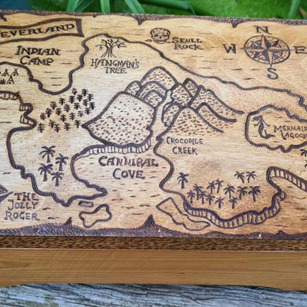 Peter Pan, Neverland map, wooden keepsake box, with optional lock and optional storage compartment, Christmas eve box, can be personalised.