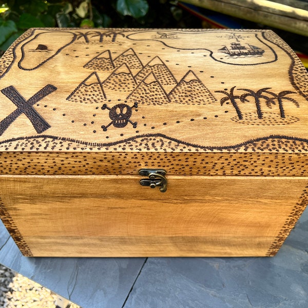 Pirate map wooden chest, can be personalised,  keepsake box, memory chest, birthday, Christmas,  childs box, gift for pirate