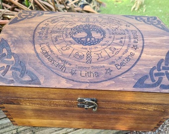 Pagan wheel of the year burned by hand onto wooden chest with celtic knot border.