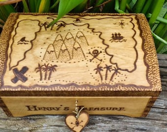 Treasure map, wooden keepsake box with optional lock and optional storage compartment, Christmas eve box, can be personalised.