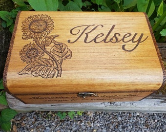 Sunflower, personalised memory wooden chest with name burned into the lid. Birthday, anniversary, baptism, christening gift, bereavement