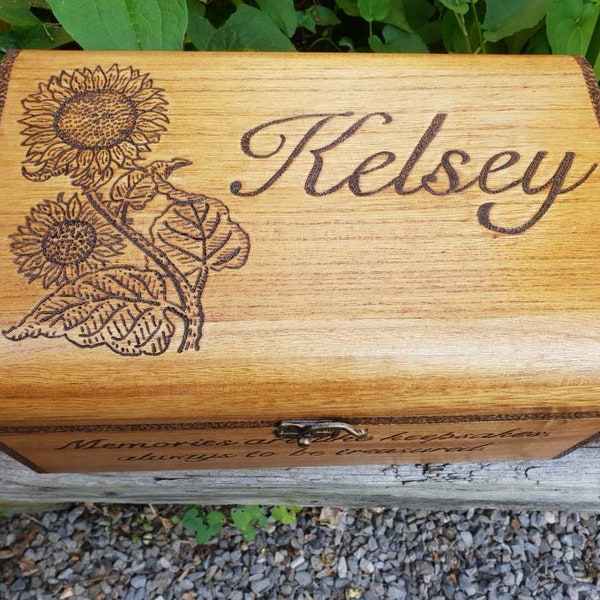 Sunflower, personalised memory wooden chest with name burned into the lid. Birthday, anniversary, baptism, christening gift, bereavement