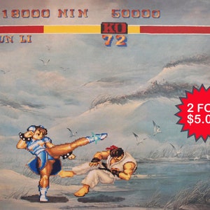 Abajo el espesor - Conjunto de dos postales de 4"x6" - Arte modificado de la tienda de segunda mano - Street Fighter