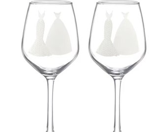 Mrs and Mrs White Wedding Dress Glass Set - With or Without Personalization