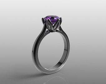 14K black gold Tulip engagement ring, 7 mm round Amethyst ring, wedding ring, promise ring, anniversary ring, special orders, R-104