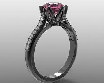 14K black gold Tulip engagement ring, 7 mm round Pink Sapphire and diamond ring, nature inspired ring, flower ring, R-104