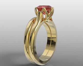 14K yellow gold Tulip engagement ring and wedding band set with 7 mm round Ruby, nature inspired ring, floral ring, flower ring, R-104