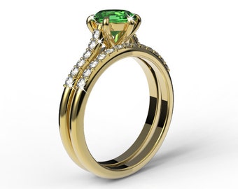 14K yellow gold wedding band and engagement ring set, Emerald and white diamond ring, AKR-474