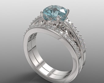 14K white gold engagement ring and wedding band set for her, 7 mm round Aquamarine and natural white diamonds(G-H/VS-SI), AKR-489s