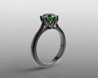 14K black gold Tulip engagement ring, 7 mm round Emerald ring, wedding ring, promise ring, anniversary ring, special orders, R-104
