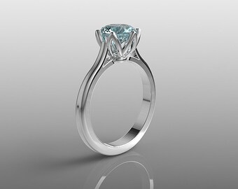 14K white gold Tulip engagement ring, 7 mm round Aquamarine ring, wedding ring, promise ring, anniversary ring, special orders, R-104