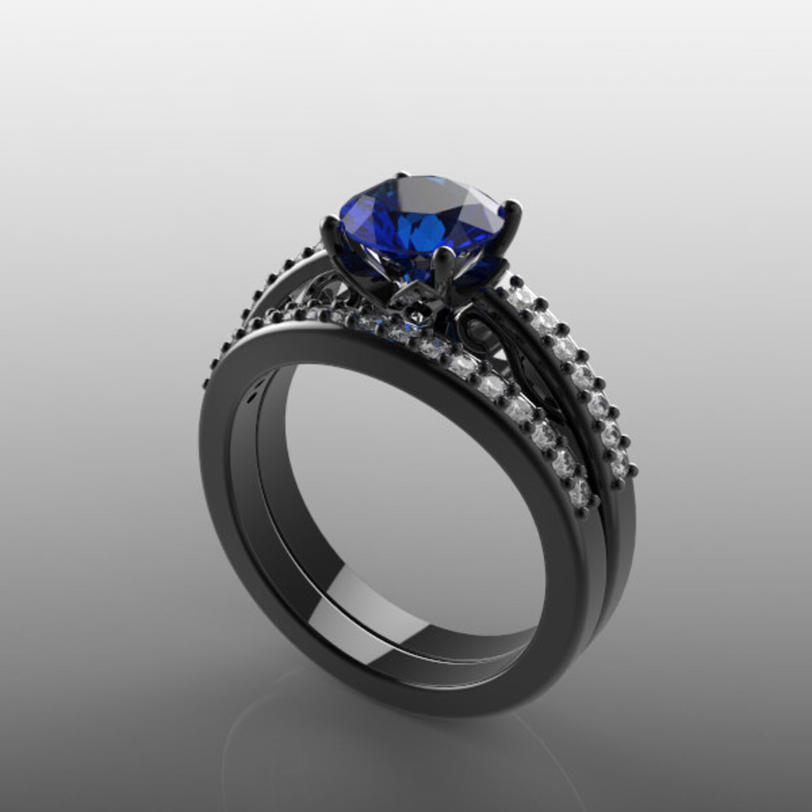 14K Black Gold Engagement Ring and Wedding Band Set for Her 7 Etsy