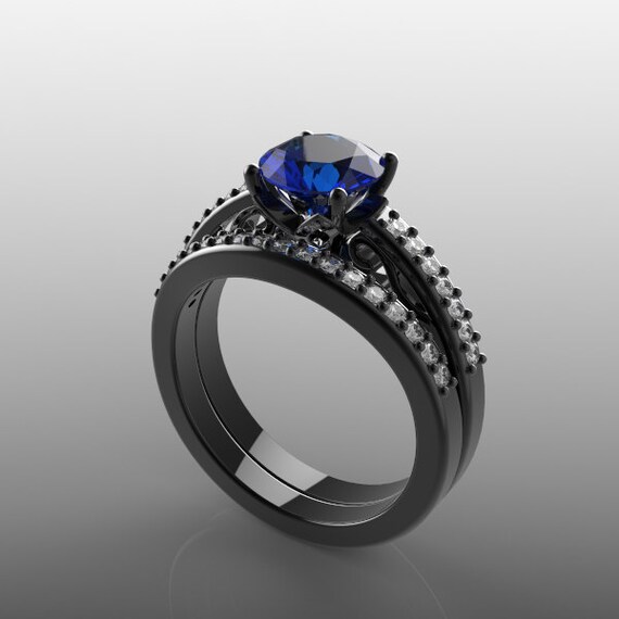 14K Black Gold Engagement Ring and Wedding Band Set for Her 7 Etsy