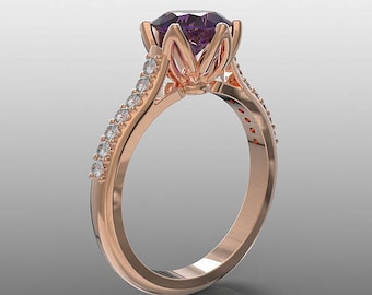 14K rose gold Tulip engagement ring with 7 mm round Amethyst and natural diamonds, wedding ring, nature inspired ring, flower ring, R-104