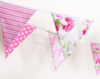 Pink bunting hire, candy pink fabric flags, floral wedding decor, reception venue decoration hire, funky party, bride to be planning,