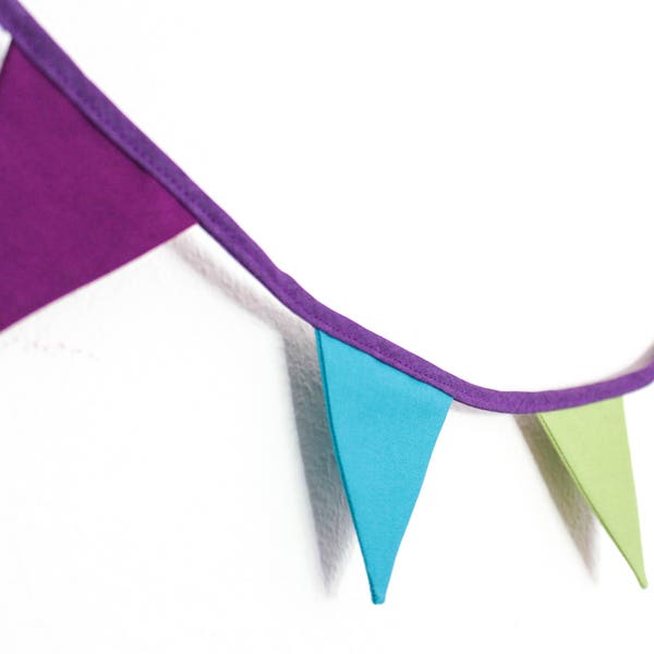 Mini Peacock Bunting, purple & teal garland, wedding fabric flags, Christmas tree garland, gift for mum, campervan decor, fireplace hanging