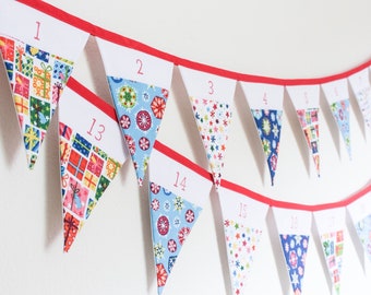 Advent calendar bunting, Christmas countdown garland, pocketed fabric flags, festive tradition, contemporary gift