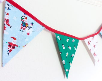 Santa & Snowman Christmas bunting, festive fabric flags, Xmas holiday garland, fun kids decoration teacher gift, winter penguin banner