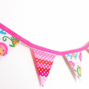 Cheeky pink monkey bunting, girls cute floral fabric flags, birthday gift banner, bright cute bedroom garland for wardrobe window dresser image 1