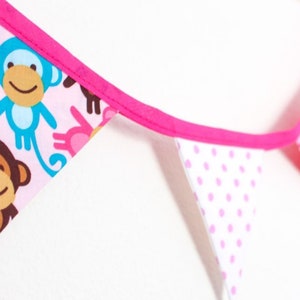 Pink monkey bunting, bright girls bedroom garland, polka dot spotty fabric flags, small wall hanging, gift for girls, window, wardrobe,