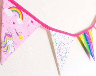 Empavesado de unicornio y arco iris, banderas de tela de niña de color rosa brillante, linda decoración de guirnalda de dormitorio de fantasía, colgante de pared de pancarta de corazones de estrellas, cumpleaños