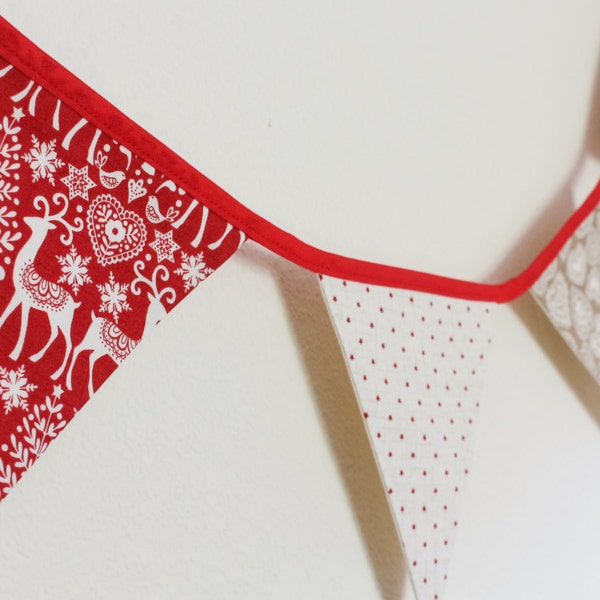 Christmas Bunting Scandinavian Style, Nordic Festive Garland, Traditional Xmas fabric flags, Red and Grey home decor banner, Reindeer Stars