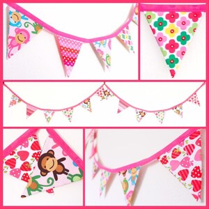 Cheeky pink monkey bunting, girls cute floral fabric flags, birthday gift banner, bright cute bedroom garland for wardrobe window dresser image 6