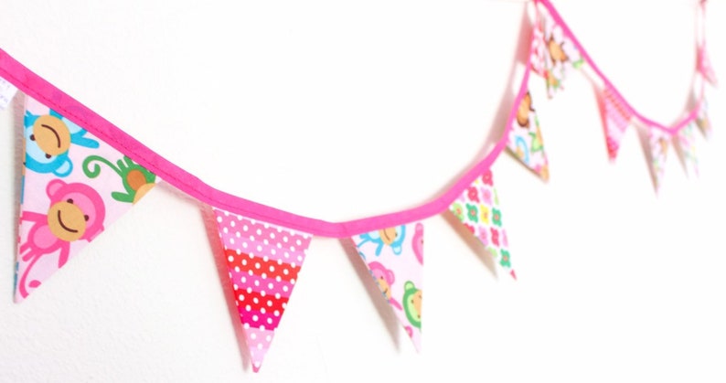 Cheeky pink monkey bunting, girls cute floral fabric flags, birthday gift banner, bright cute bedroom garland for wardrobe window dresser image 1