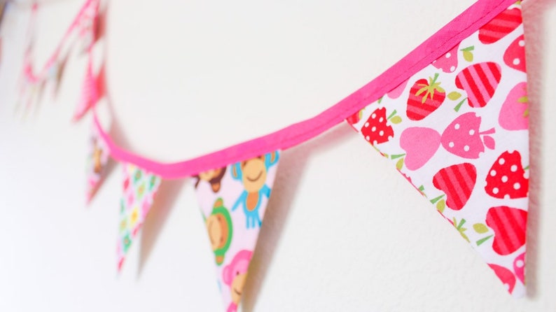 Cheeky pink monkey bunting, girls cute floral fabric flags, birthday gift banner, bright cute bedroom garland for wardrobe window dresser image 2