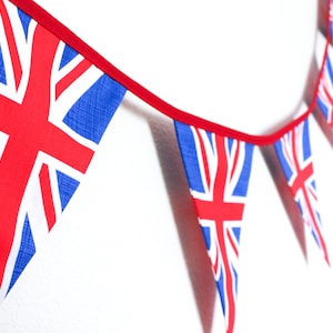 Union Jack bunting, coronation fabric flags, British cotton garland, reusable plastic free eco English decoration, street party tea party