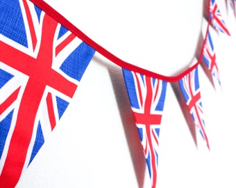 Union Jack bunting, coronation fabric flags, British cotton garland, reusable plastic free eco English decoration, street party tea party