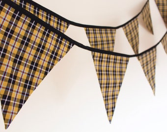Cornish tartan bunting black & gold, St.Piran's bunting, Kernow fabric flags, Flora Day Decoration