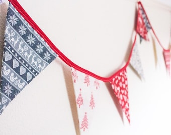 Scandinavian Christmas Bunting in traditional Nordic red and grey, Xmas garland reindeer rudolph tree banner gift for her teacher home