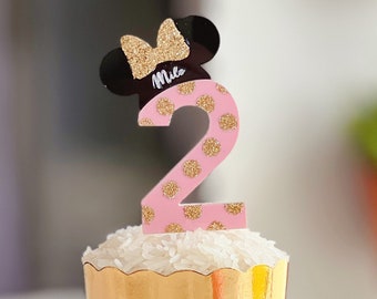 Minnie Mouse Gold Glitter Custom 3D number and name Acrylic Cupcake Toppers