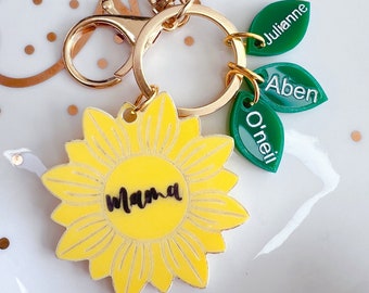 Mother's Day Personalised Sunflower Family Keepsake Keyring with children's names