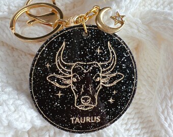 Glitter Black Zodiac keychain with gold star, Astrology Gift, All Signs, Valentine's Day Gift, Backpack Tags, Birthday Gift tag, Party favor