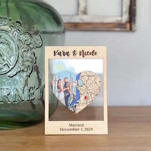 Newly Wed Gifts, Two Locations Heart Puzzle Map Wooden Framed Wall Art, Custom Wedding Shower Gift for Couple, 1st Anniversary Gift for Wife