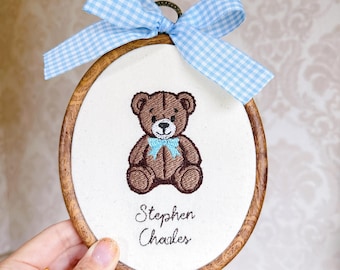 Personalized Embroidered Name Hoop with Teddy Bear
