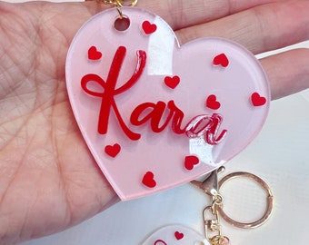 Custom name heart shape keychain, Valentines day keychain with tassel, charm keychain, birthday gift, Personalized Heart Keychain