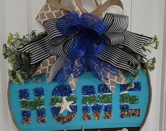Large  Nautical Door Hanger, Seashell Wreath, Home,Crushed Glass, Beach lover
