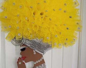 Sunshine Diva, Praying Woman,Yellow and Silver blinged Wreath.