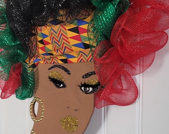 Afrocentric Doorand Wall Hanger/Afro Diva  Wreath/ Kente Cloth.
