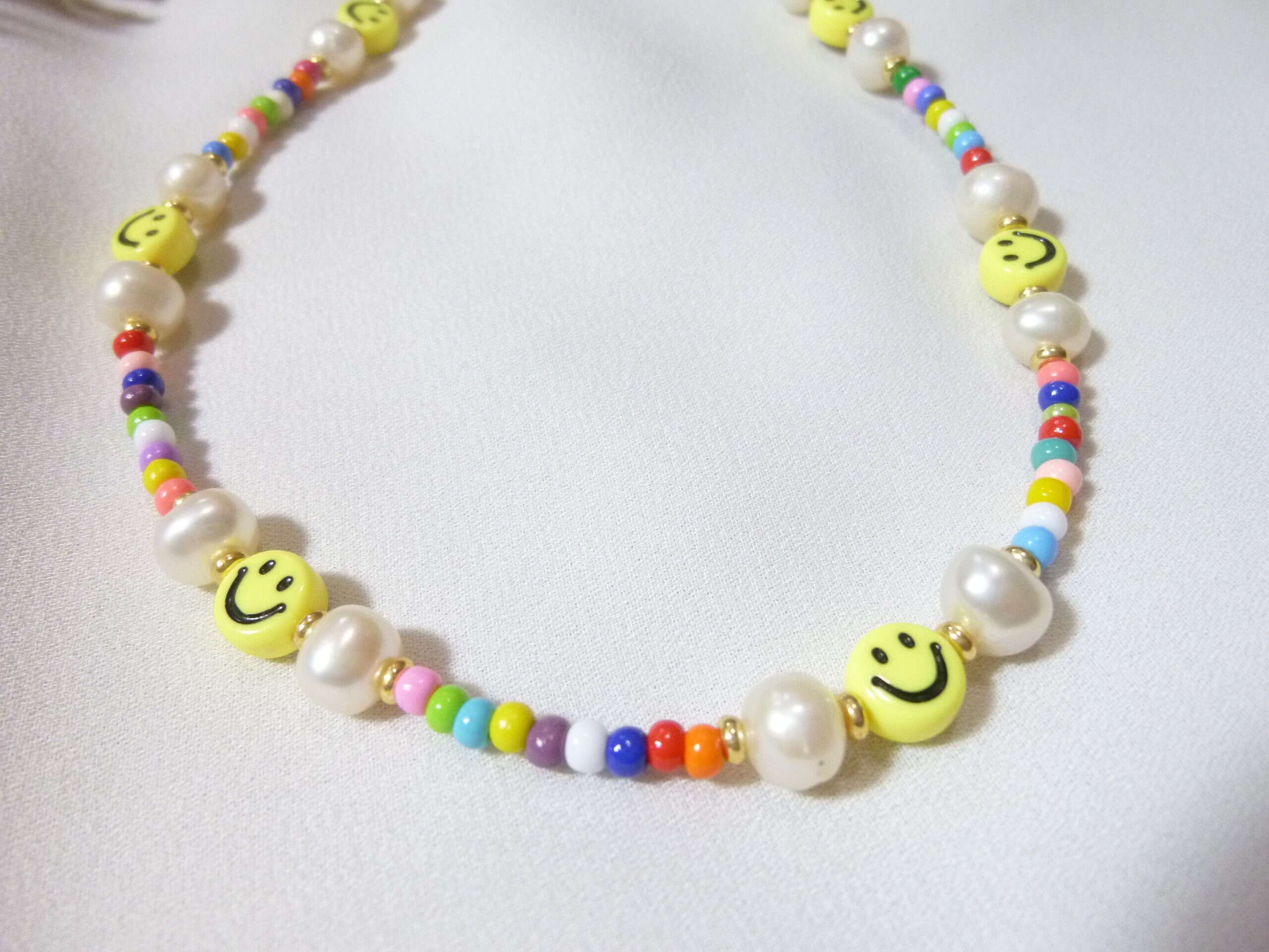 Smiley face Necklace beaded Pearl and bead necklace rainbow | Etsy