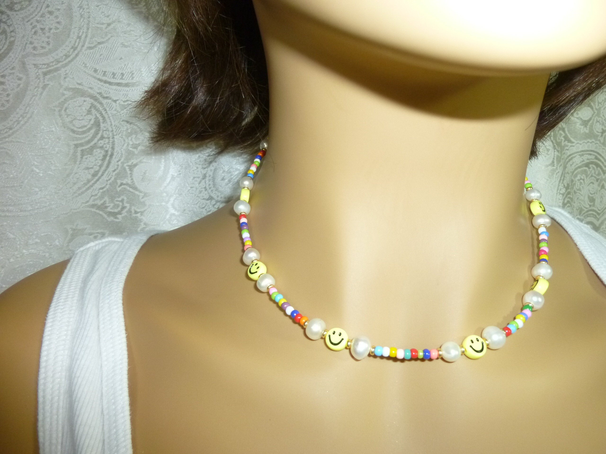 Smiley face Necklace beaded Pearl and bead necklace rainbow | Etsy