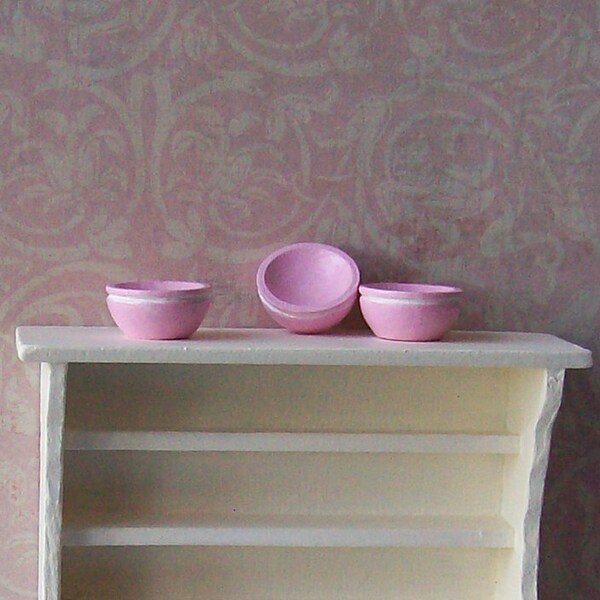 Pink Dollhouse Miniature Kitchen Bowls - Set of Three - Pink with Hand Painted White Rim