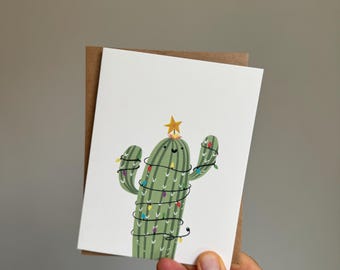 Cactus wrapped in Christmas Lights, Holiday Card, Cute Cactus, Plant Lover, Arizona, Desert Life, Christmas Card